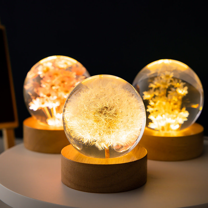 L3D Luminous Dandelion Crystal Ball | Wooden Base Gift Light